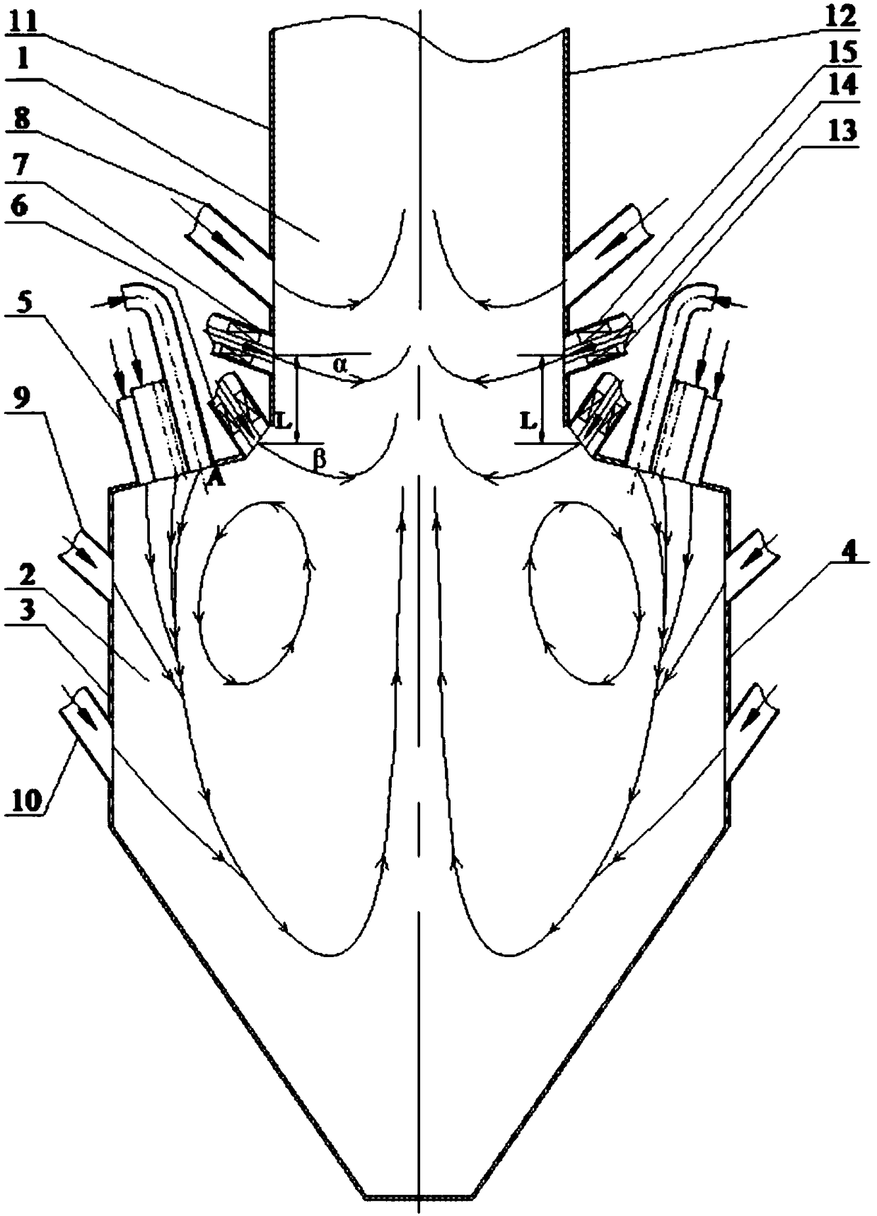 Swirl burner w flame boiler with internal straight external swirl ammonia injection device