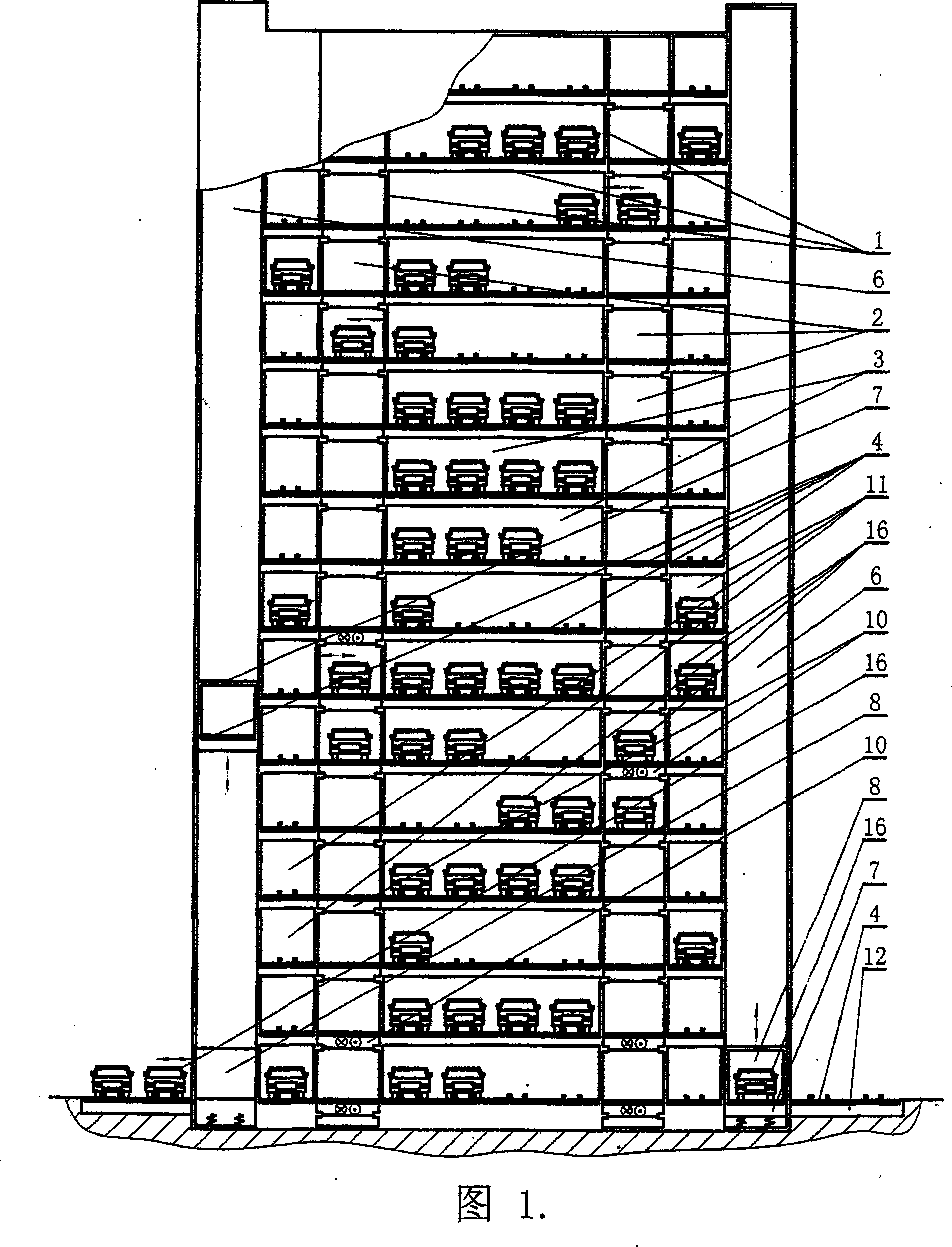 Double laneway transition passage layered transportation rolling way parallel parking type mechanical parking system