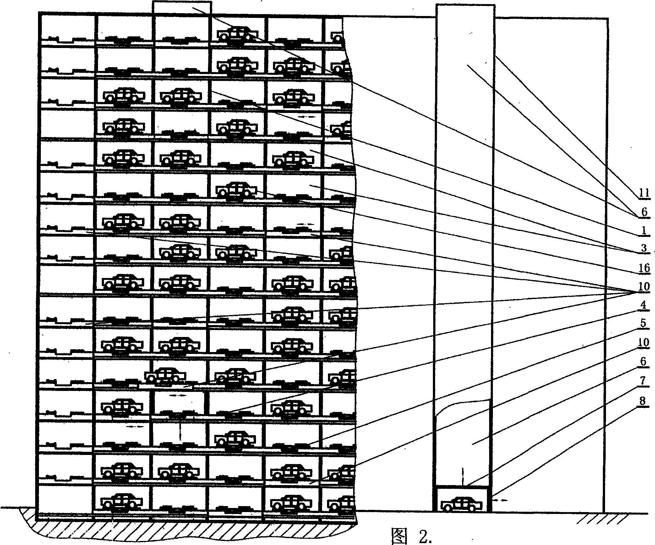 Double laneway transition passage layered transportation rolling way parallel parking type mechanical parking system