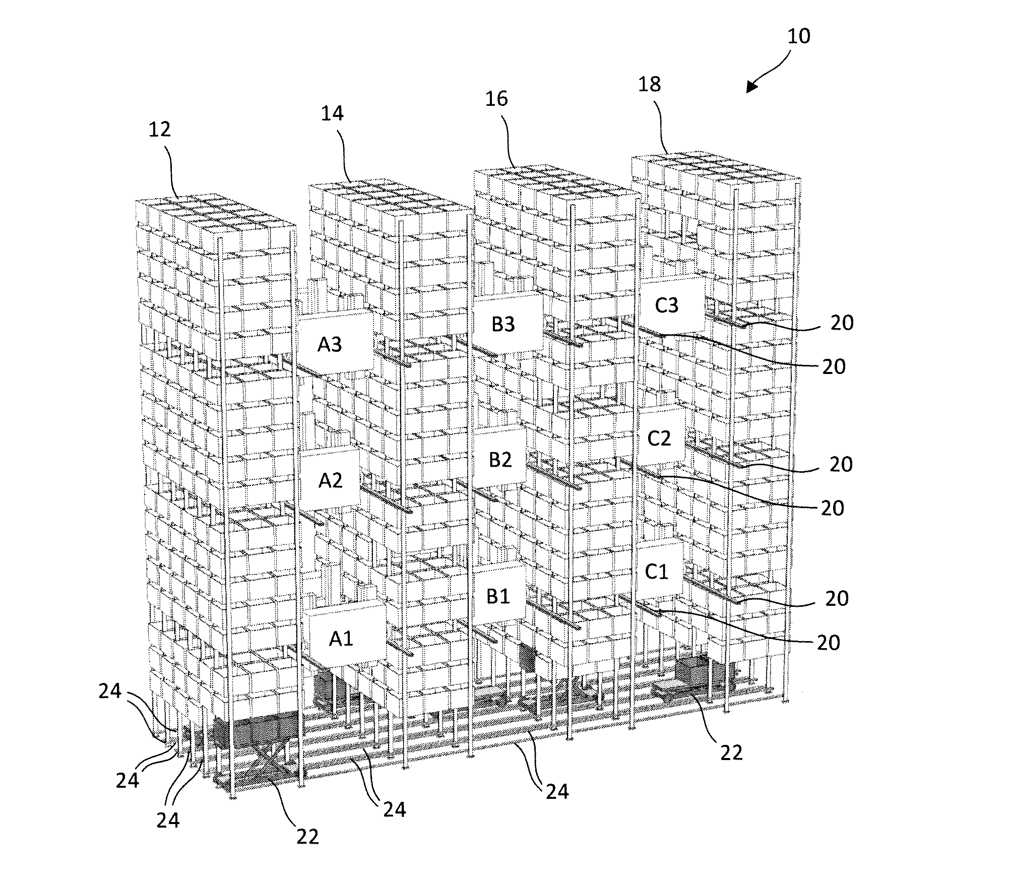 Multi-level storage system with transportation devices movable in substantially perpendicular directions and method of transferring containers in desired sequence