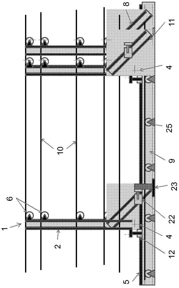 Horizontal strip hopper with elongated strip support carriage and passive center hook system