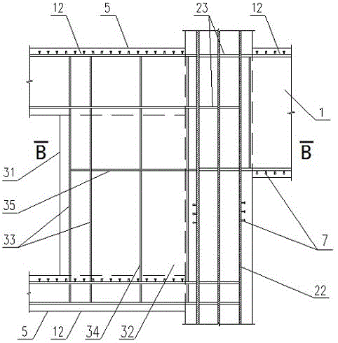 Column-supported-by-beam transfer beam with steel plate reinforced concrete shear walls arranged in adjacent spans