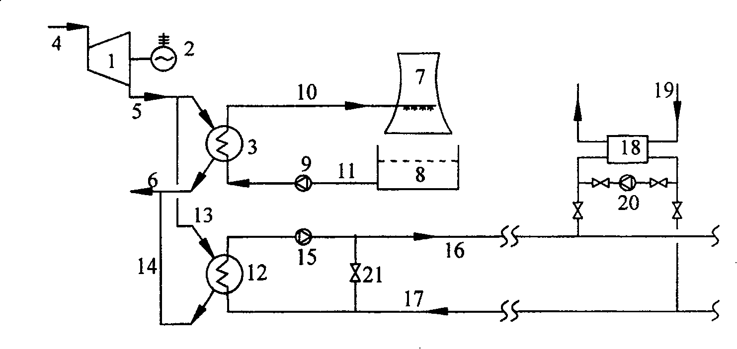 Heating system of water source heat pump by using remaining heat of condensed steam from power plant