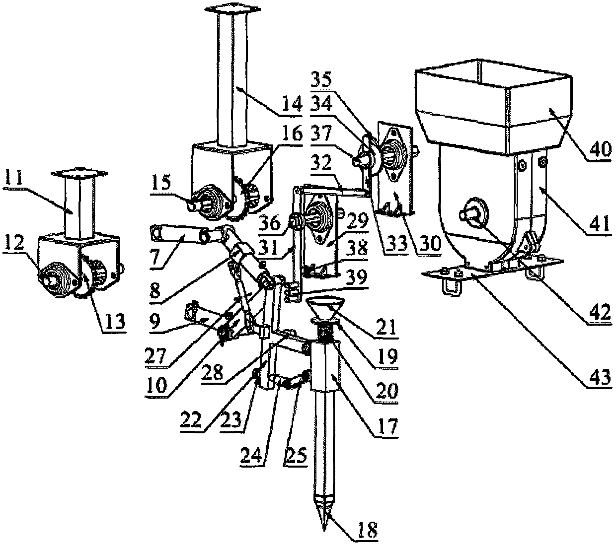 Five-rod hole forming type no-tillage hole sowing mechanism