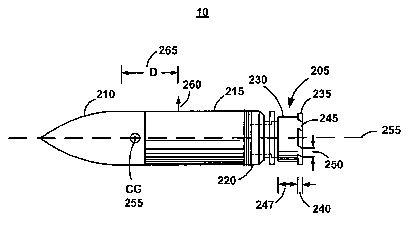 Finless training projectile with improved flight stability over an extended range