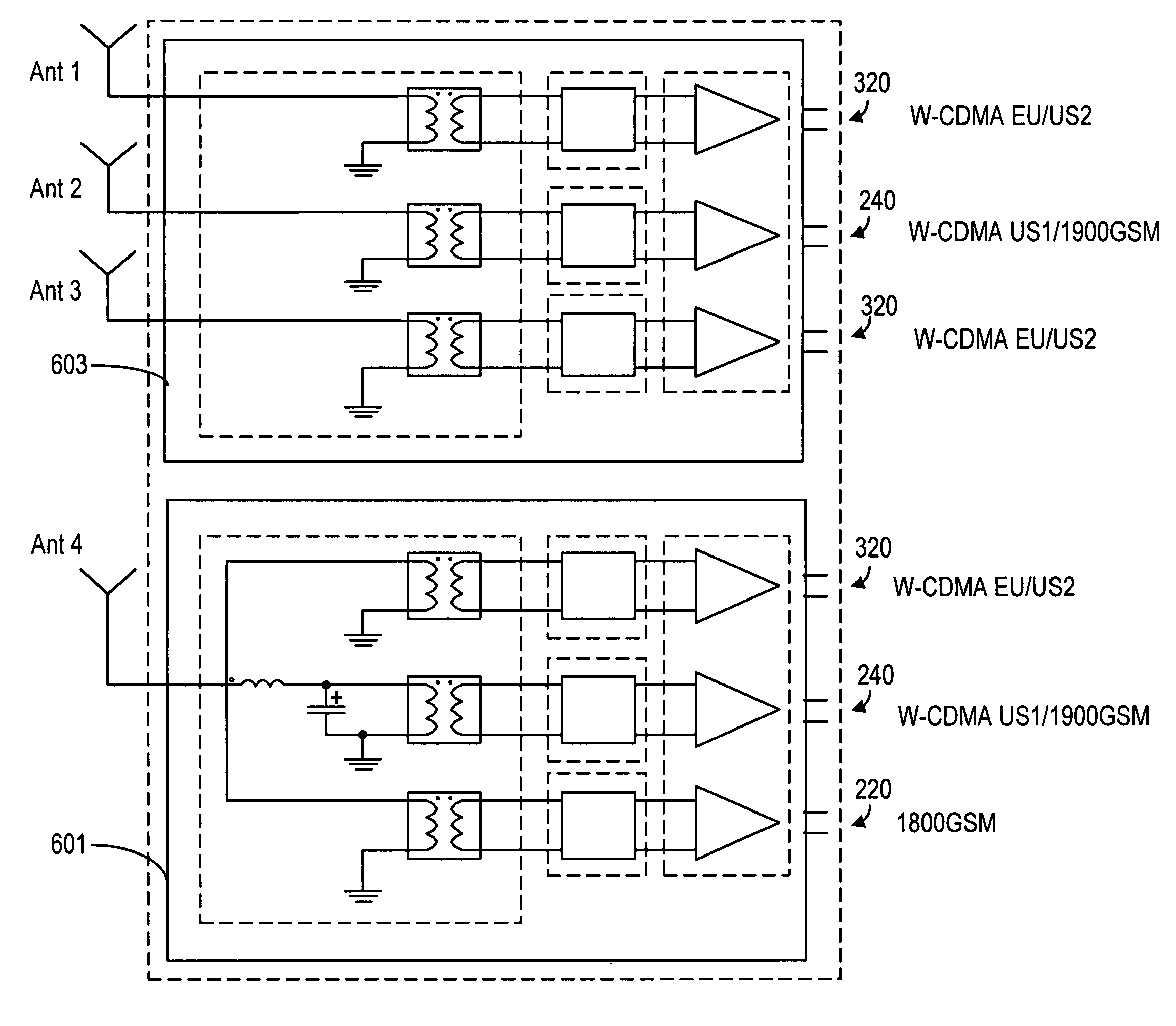 Mimo and diversity front-end arrangements for multiband multimode communication engines