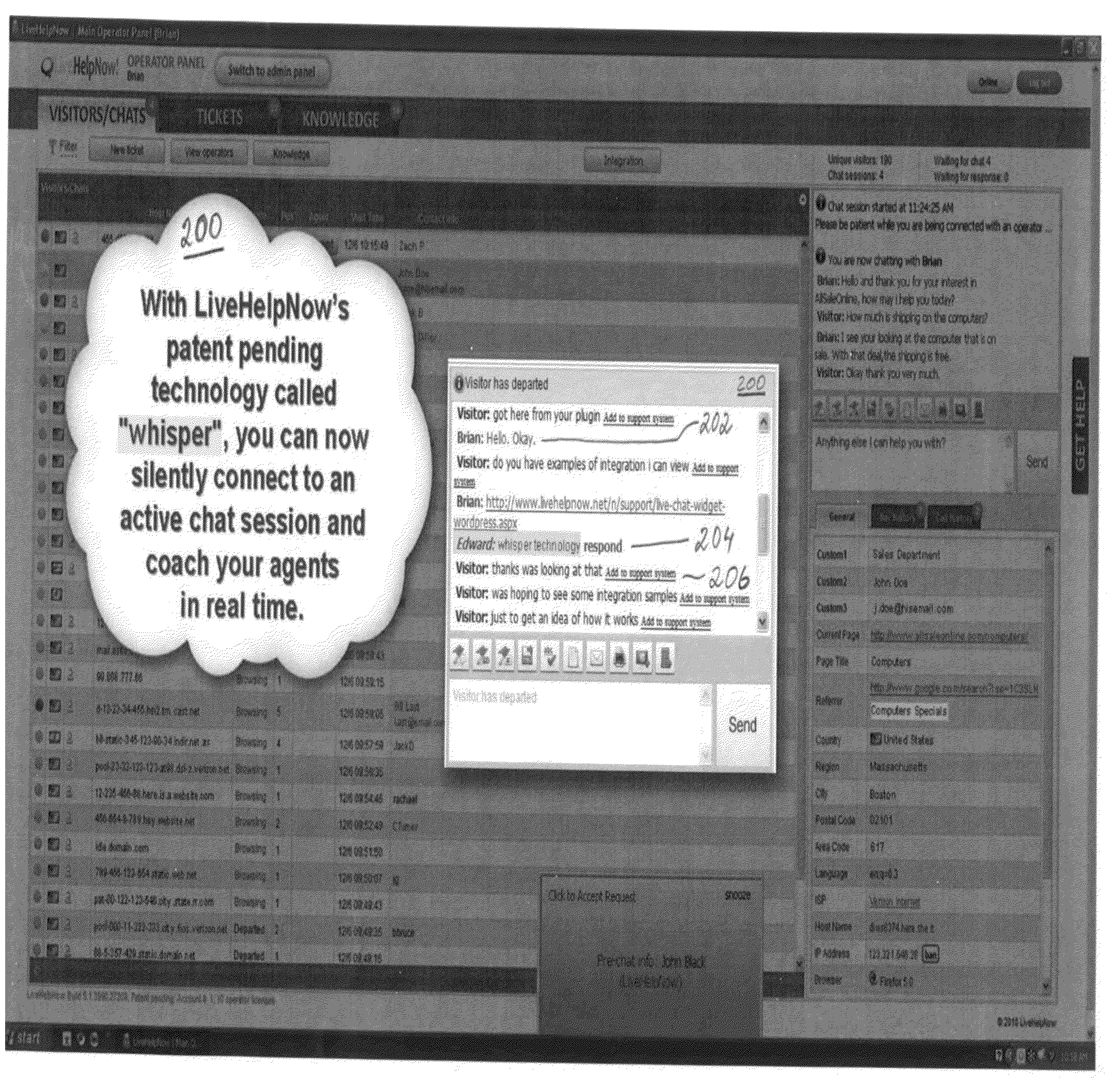 Method, system and apparatus for establishing and monitoring sessions with clients over a communication network