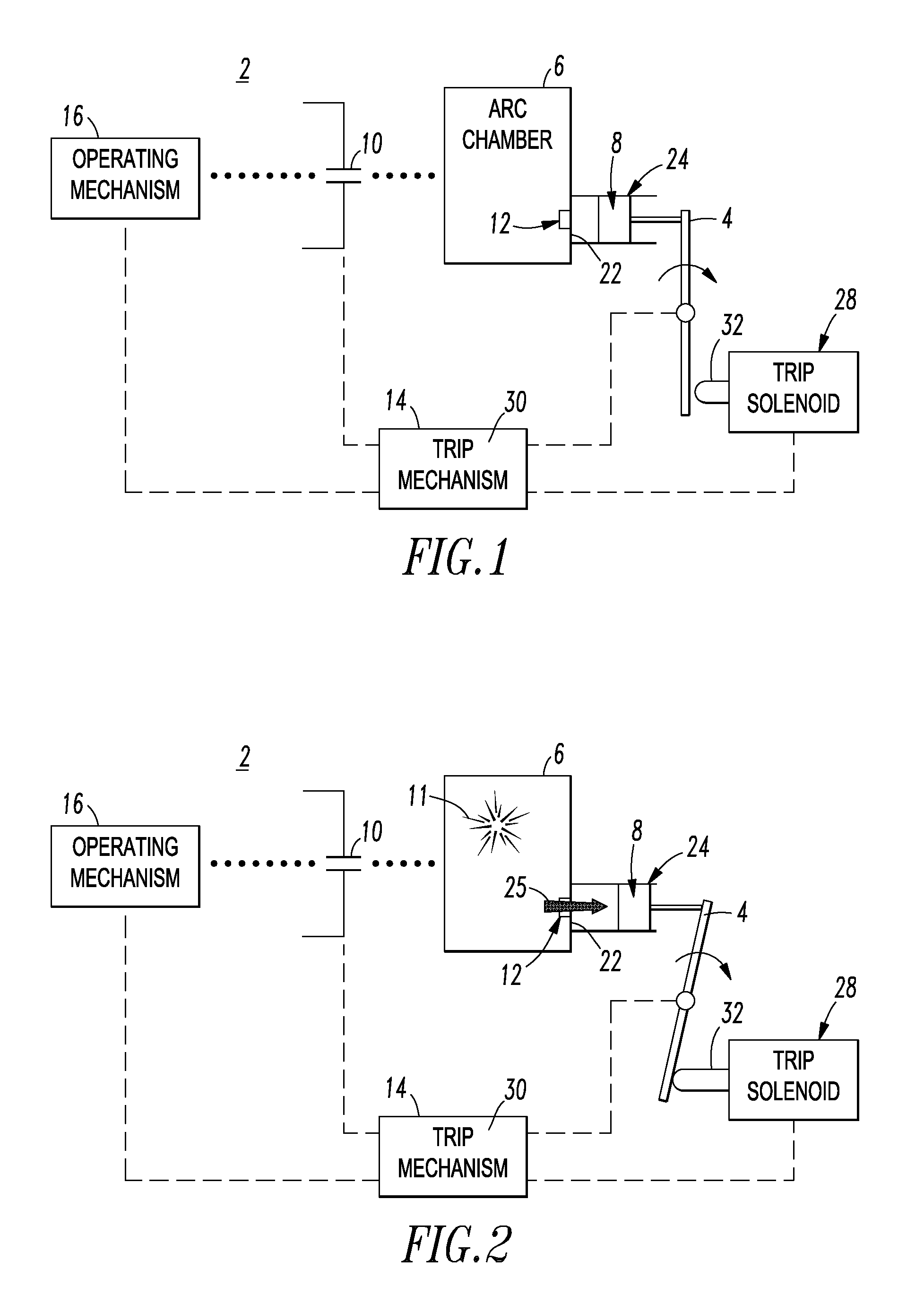 Trip mechanism and electrical switching apparatus including a trip member pushed by pressure arising from an arc in an arc chamber