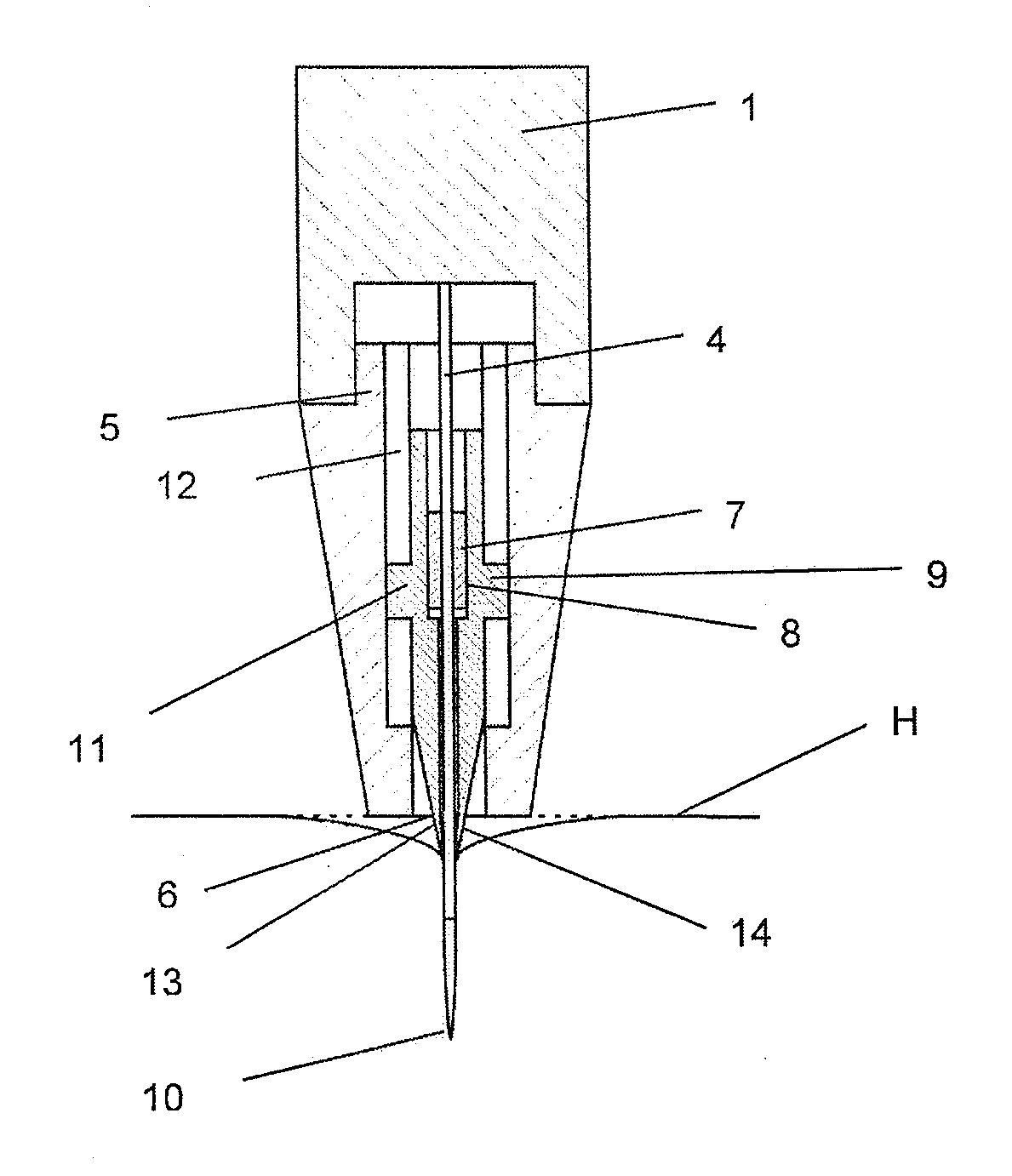 Hand-held device for piercing a human or animal skin, and needle module