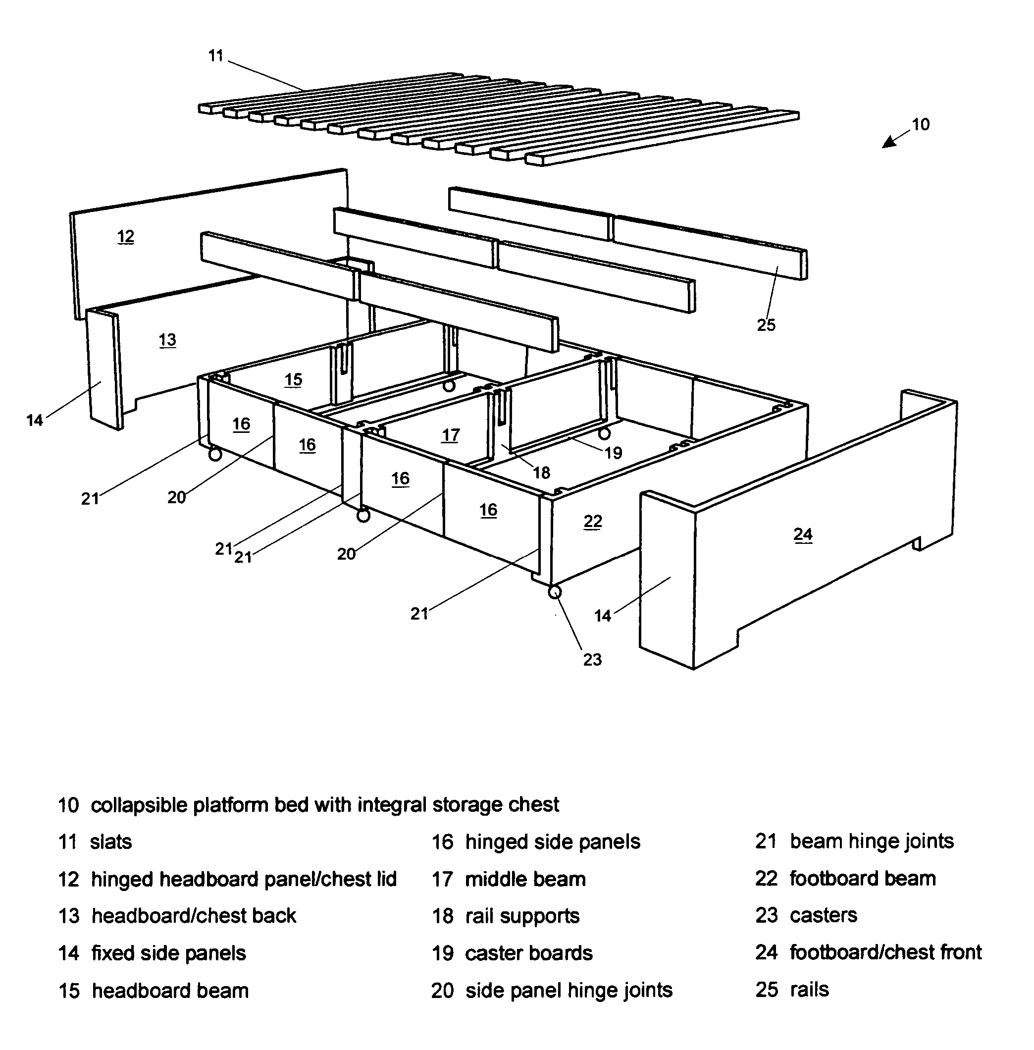 Collapsible platform bed with integral storage chest