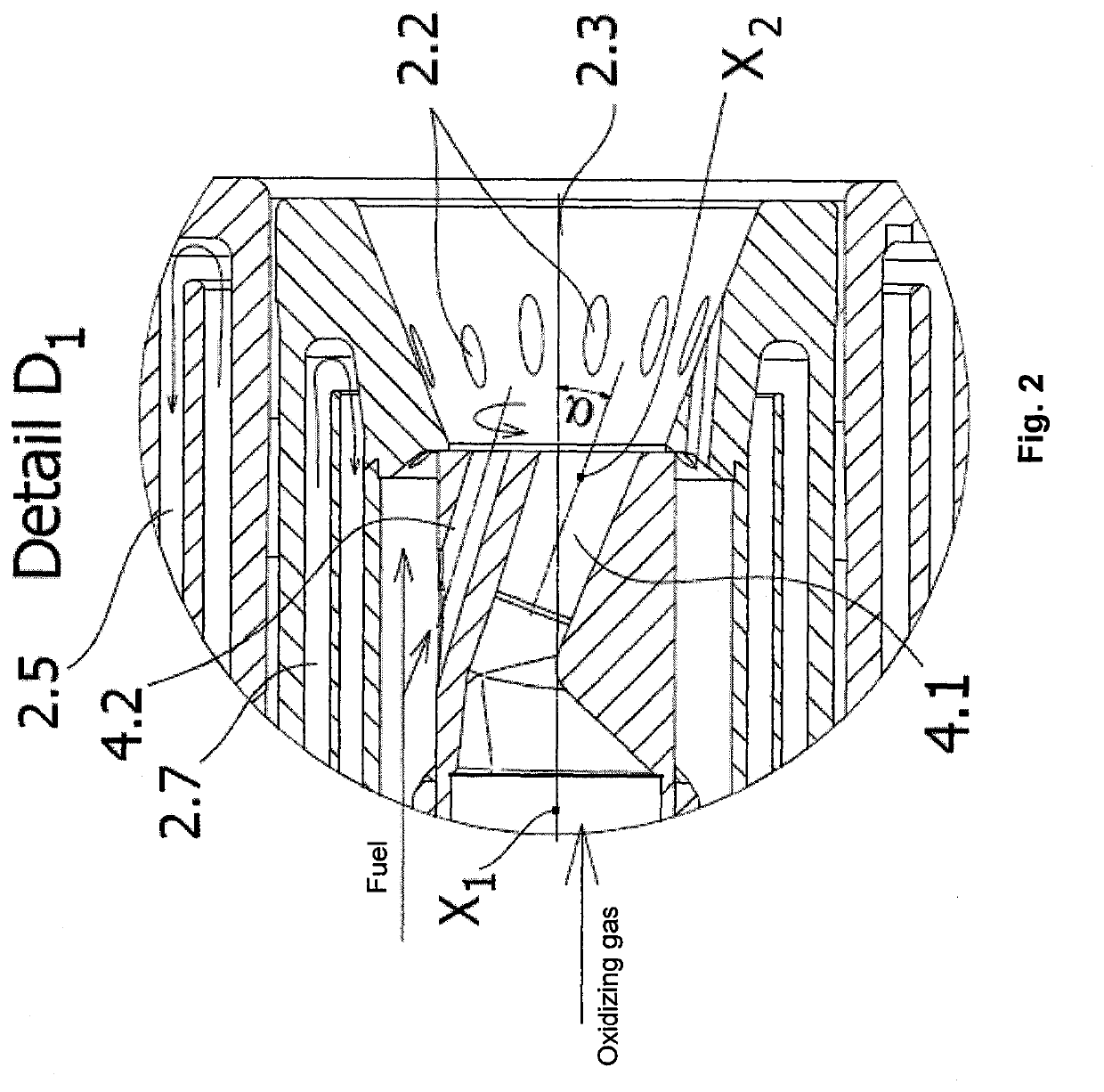 Combined burner for blowing oxidizing gas and fuel into melting furnace