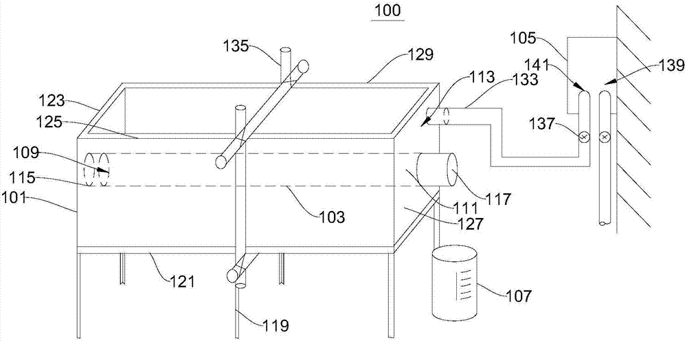 Horizontal tank body type experimental apparatus for concealed pipe filter material and experimental method thereof