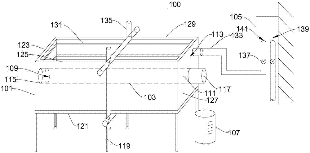 Horizontal tank body type experimental apparatus for concealed pipe filter material and experimental method thereof