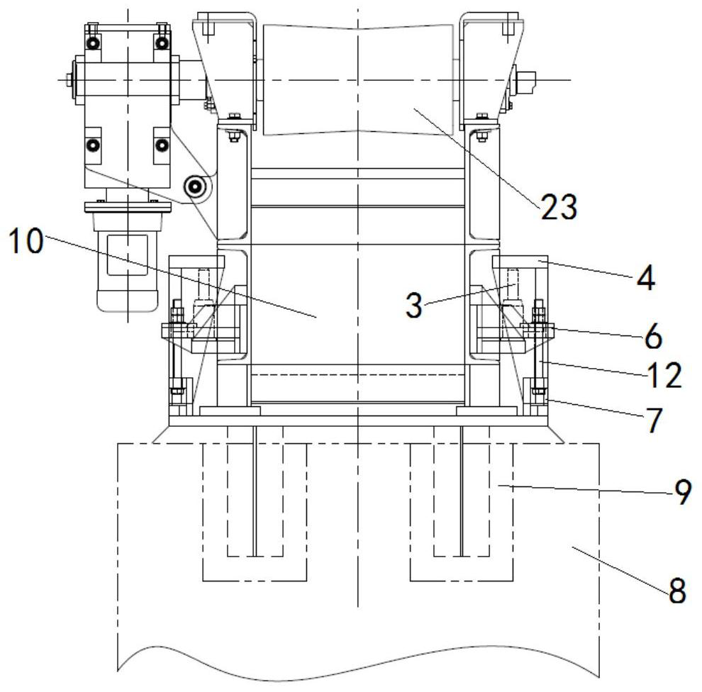 Conveying roller supporting beam pressing and fixing device and pressing and fixing method thereof