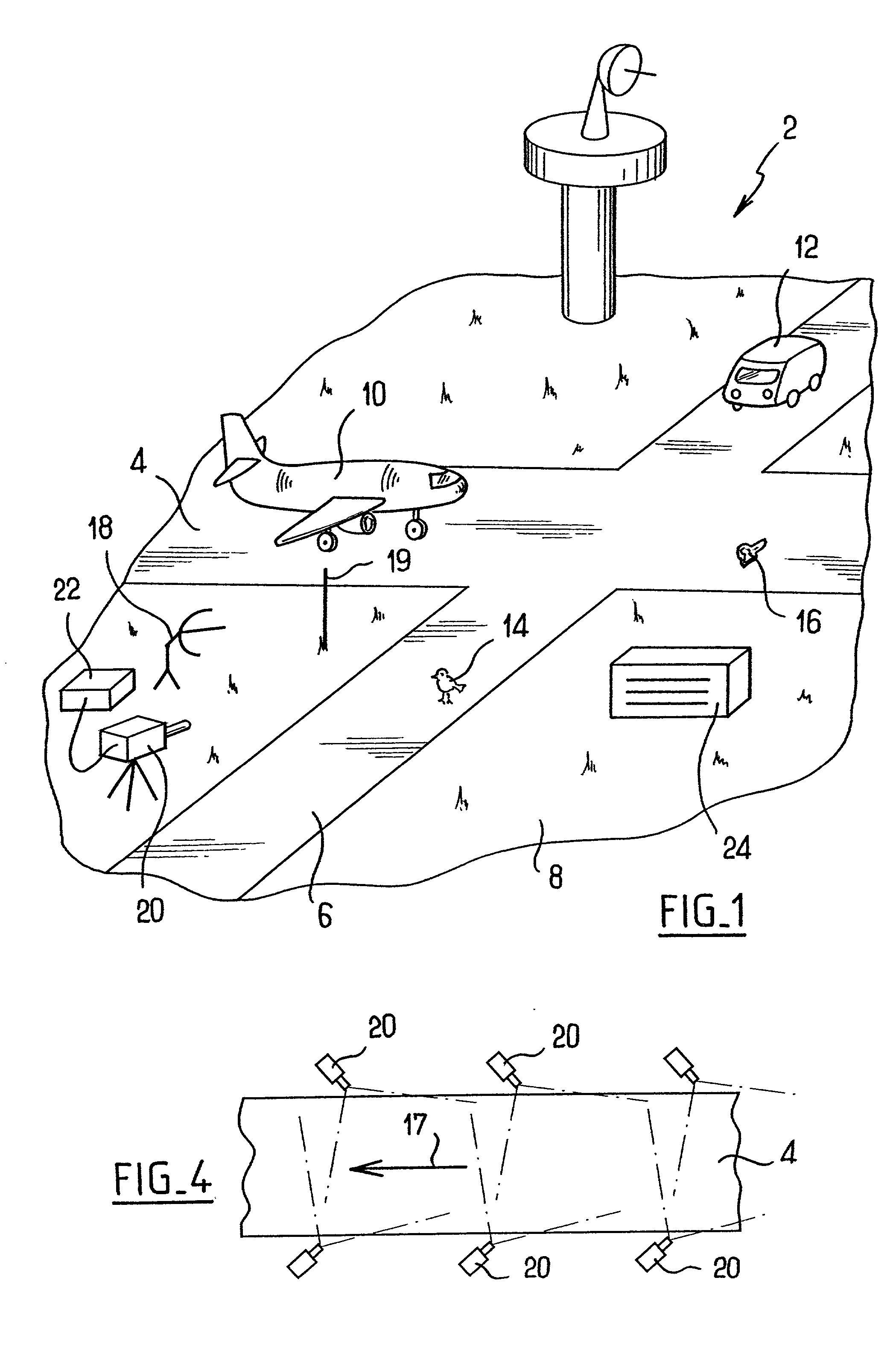 Automatic method of tracking and organizing vehicle movement on the ground and of identifying foreign bodies on runways in an airport zone