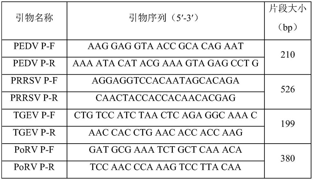 Primer and kit for simultaneously detecting PEDV, PRRSV, TGEV and PoRV and use method thereof