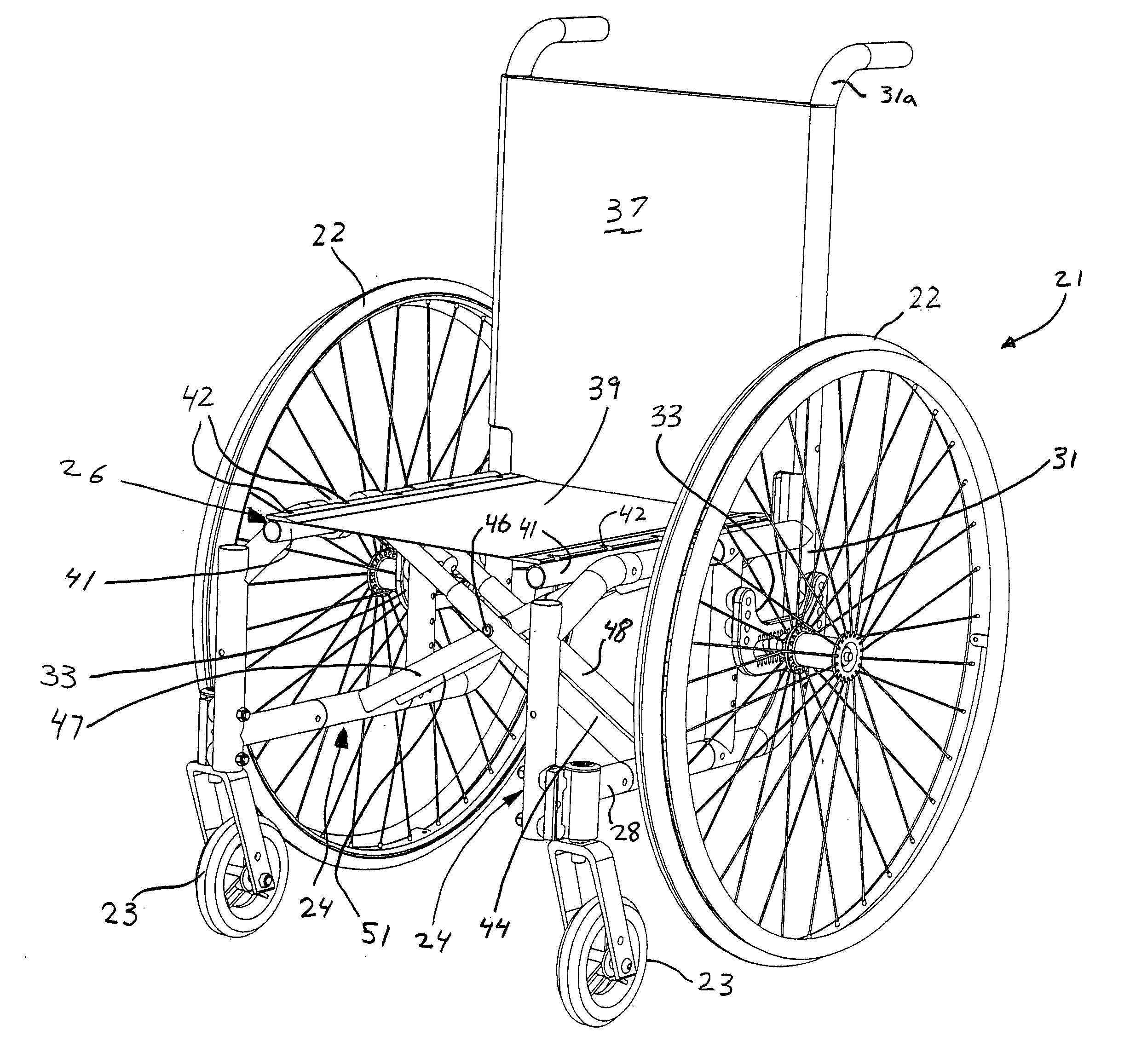 Foldable wheelchair with extensible link assembly and method