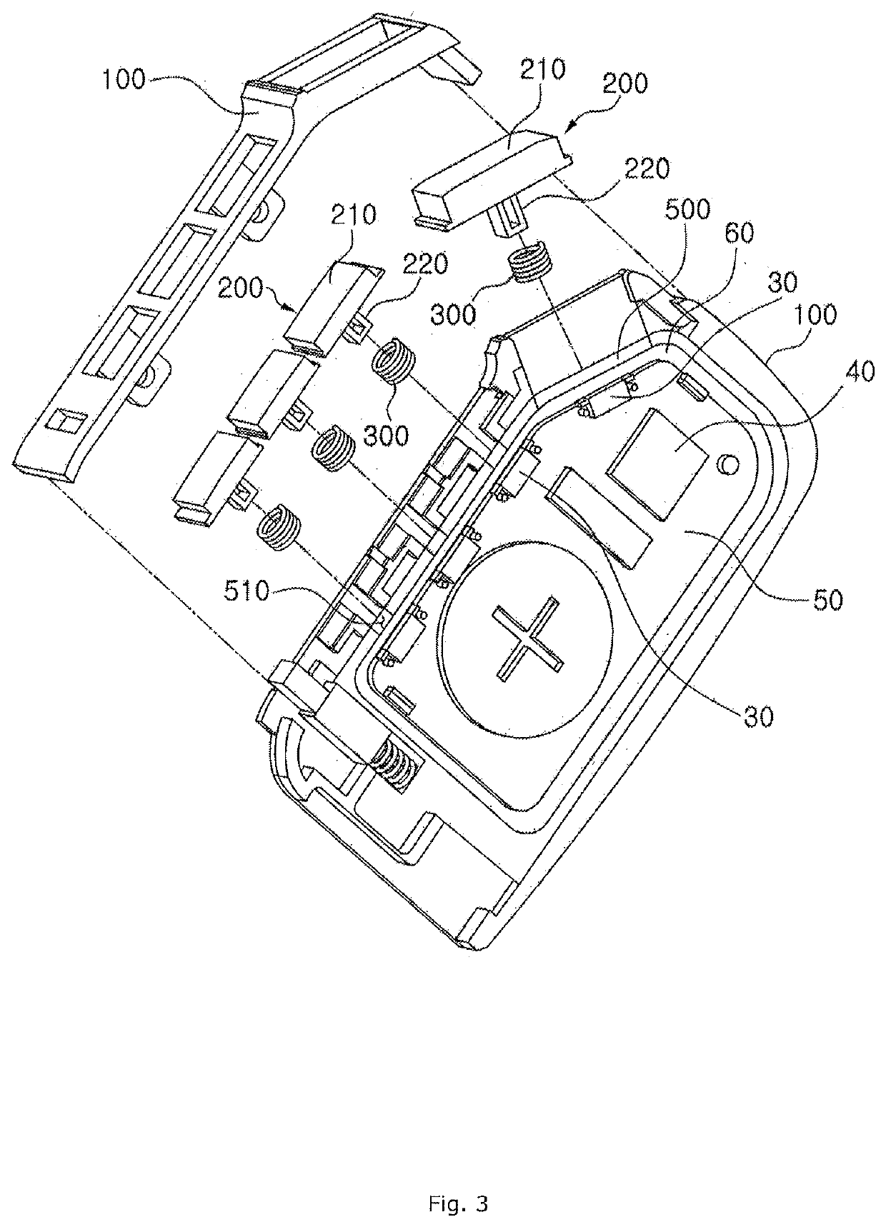 Structure of a fob key for increasing the operating force of a button (as amended)