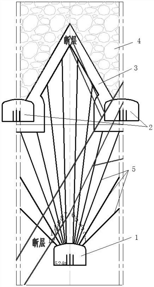 Medium-deep hole construction and blocking treatment method in large fault section of sublevel caving method without bottom pillar