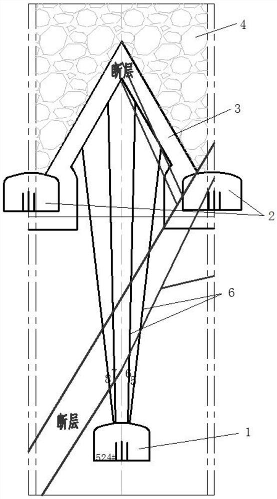 Medium-deep hole construction and blocking treatment method in large fault section of sublevel caving method without bottom pillar