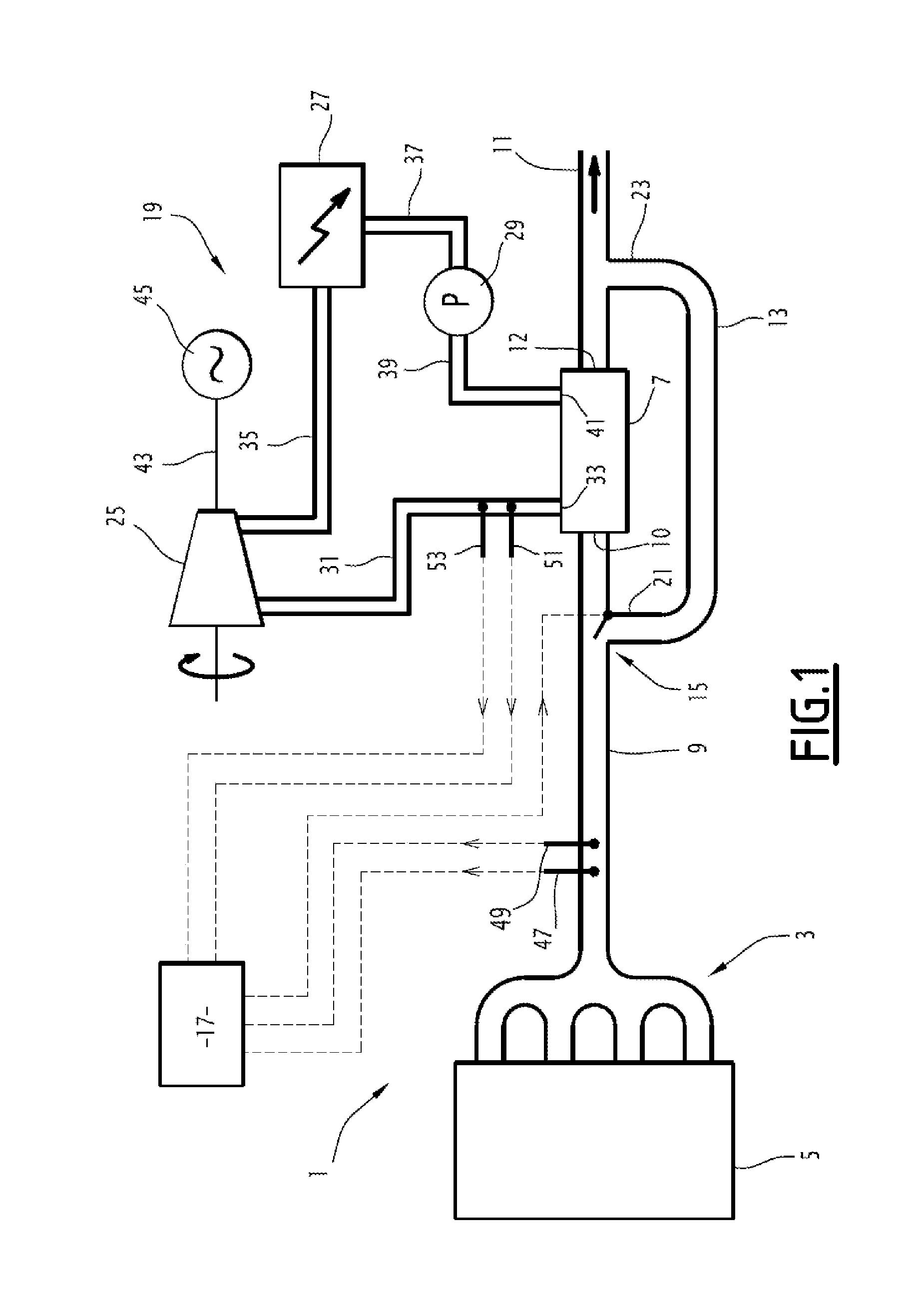 Exhaust line for a motor vehicle with a closed recovery cycle for exhaust gas heat energy, and associated  control method