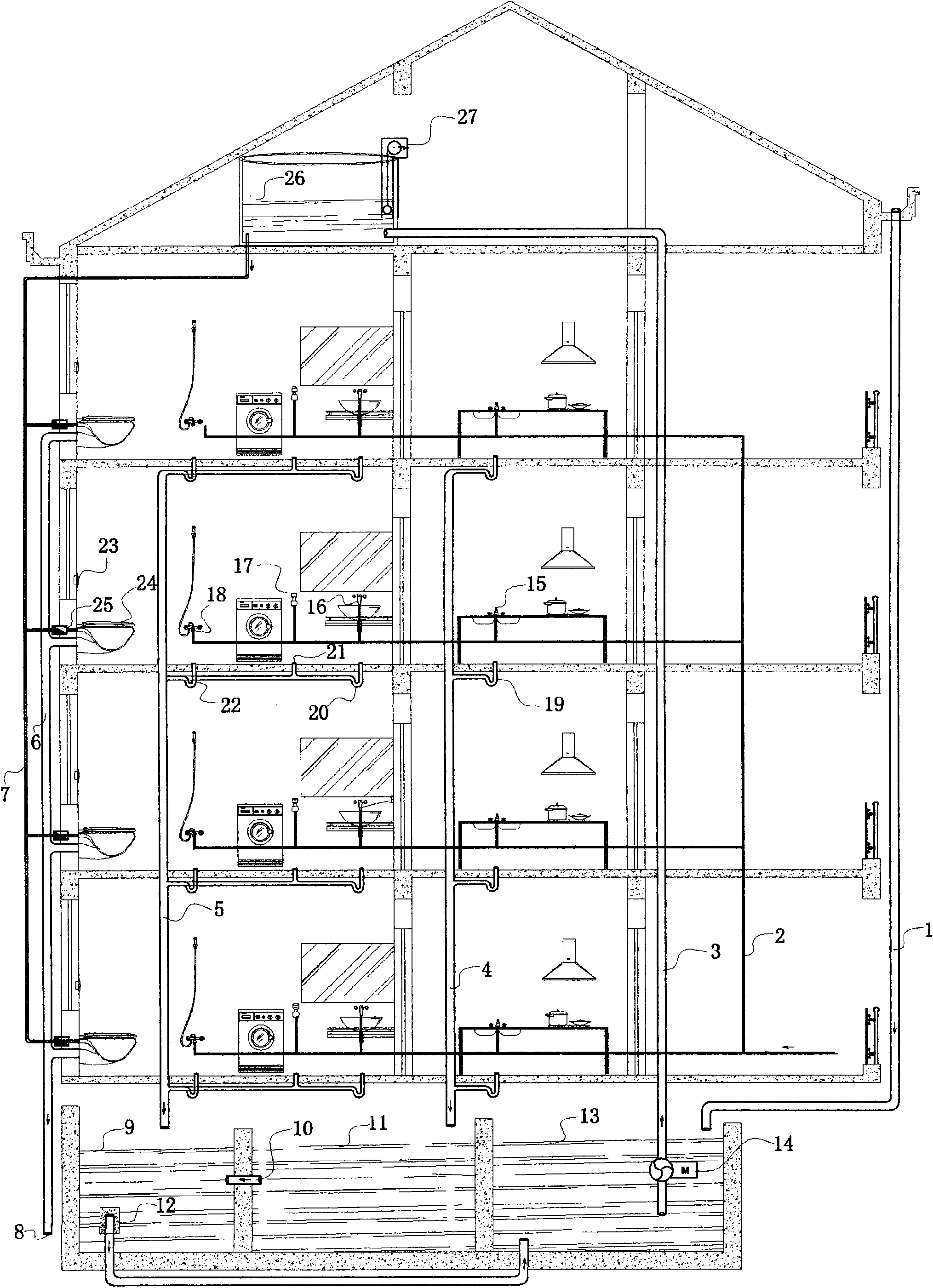 Residential building water-saving piping system