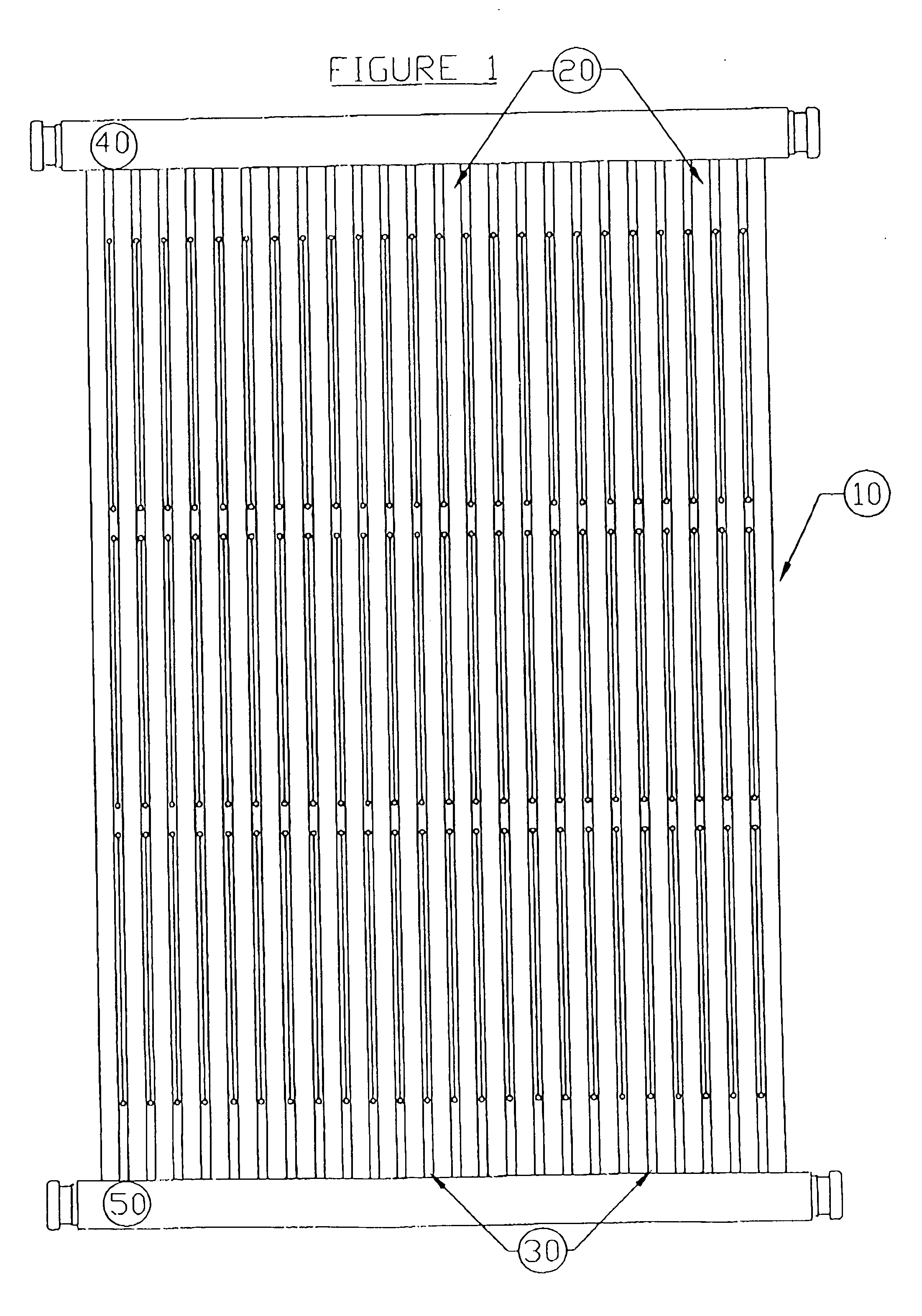 High efficiency tube mat solar collector having intermittently separated tubes and method for preventing damage to a solar collector