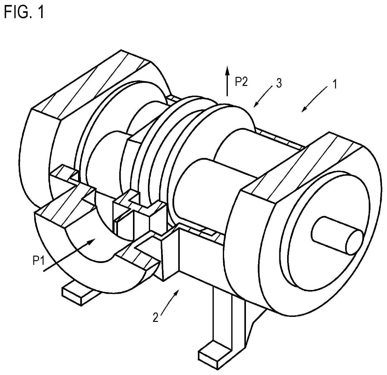 Screw pump with intersecting bores having a longer first axis of symmetry than a second axis of symmetry