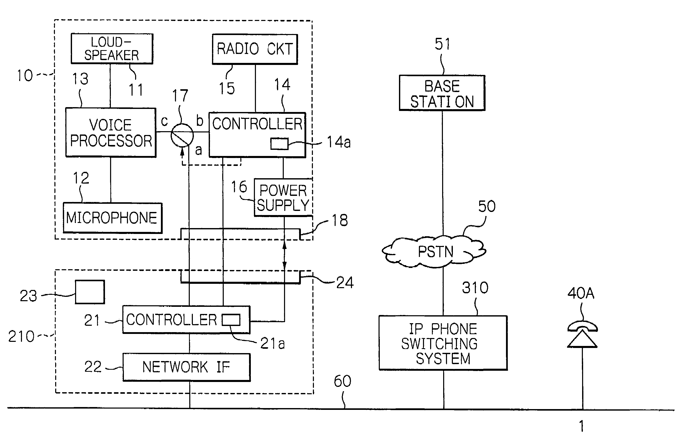 Switching system connecting a radio communication terminal via a LAN line to a public switched network or a leased line