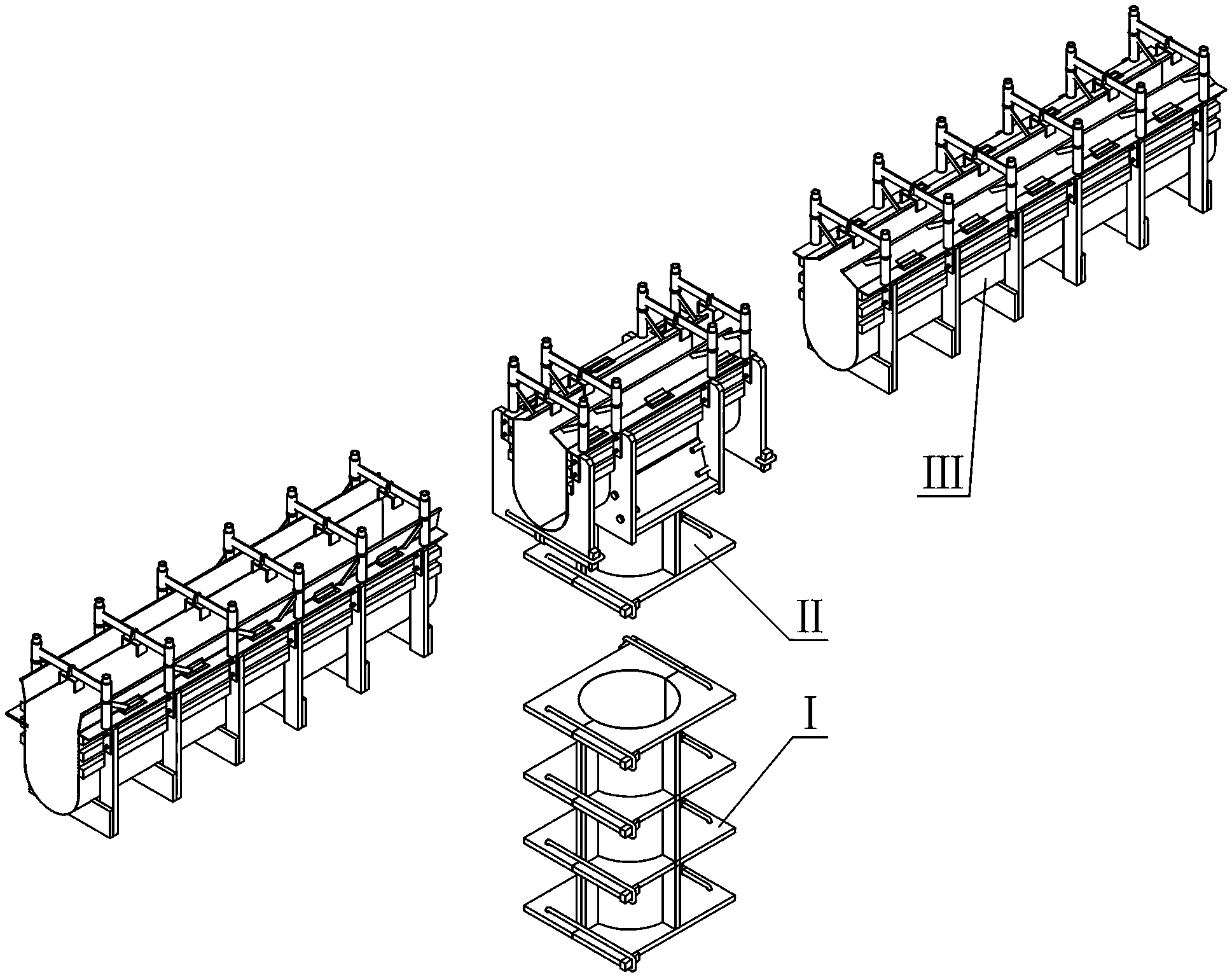 Casting construction mold for water cooling columns and water cooling beams of heating furnaces and casting construction method thereof