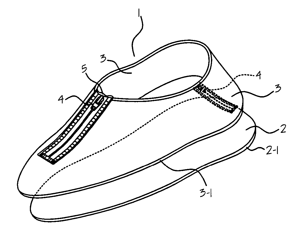 Reusable shoe shield equipped with a zipper with a back pocket and seasoned grooves