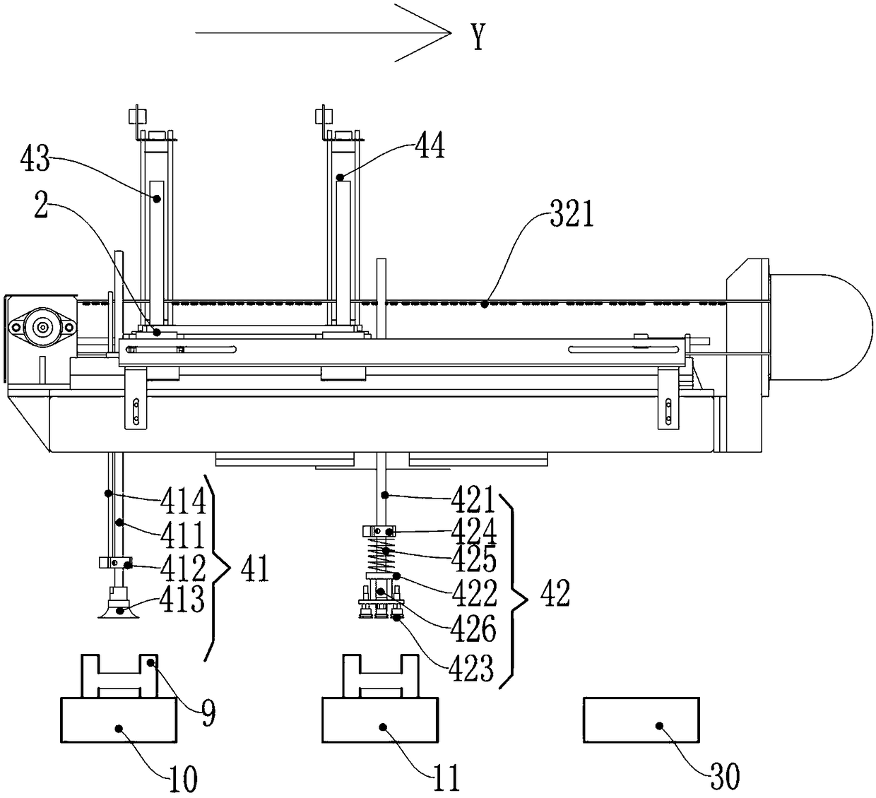 Machining device for punching and taking materials synchronously