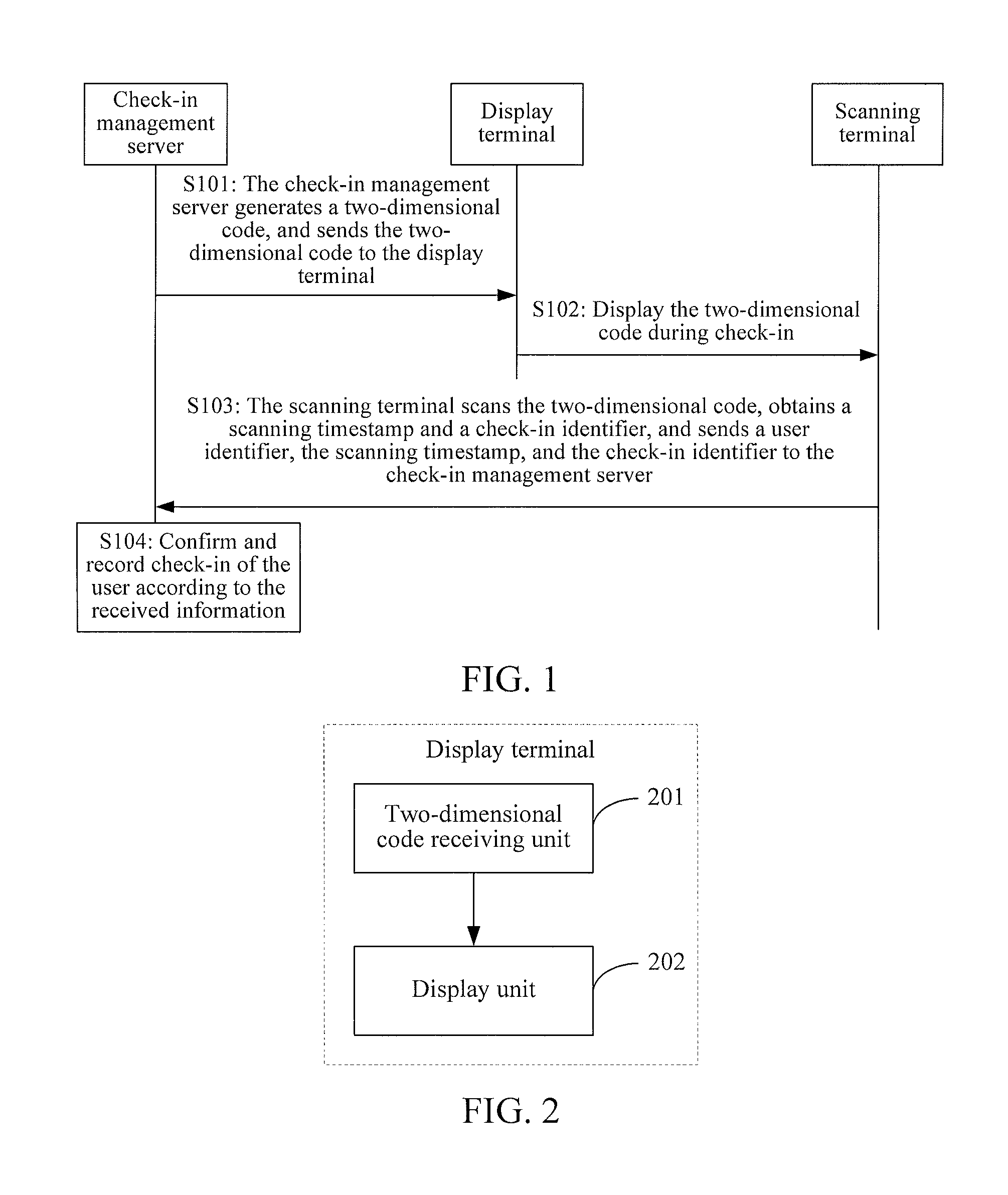 Check-in method and system based on two-dimensional code, scanning terminal, and display terminal