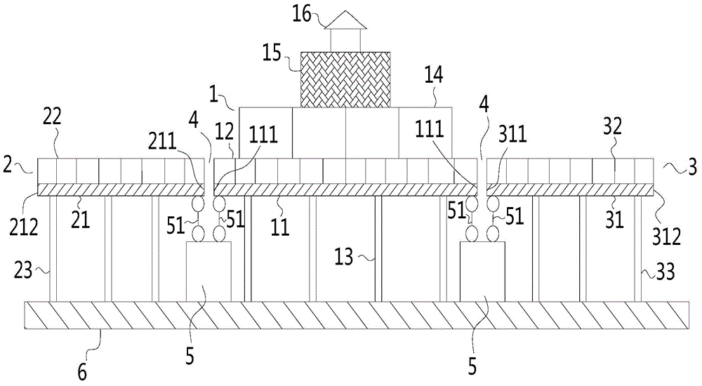 Multilayer bridge overhanging quake-isolation structure