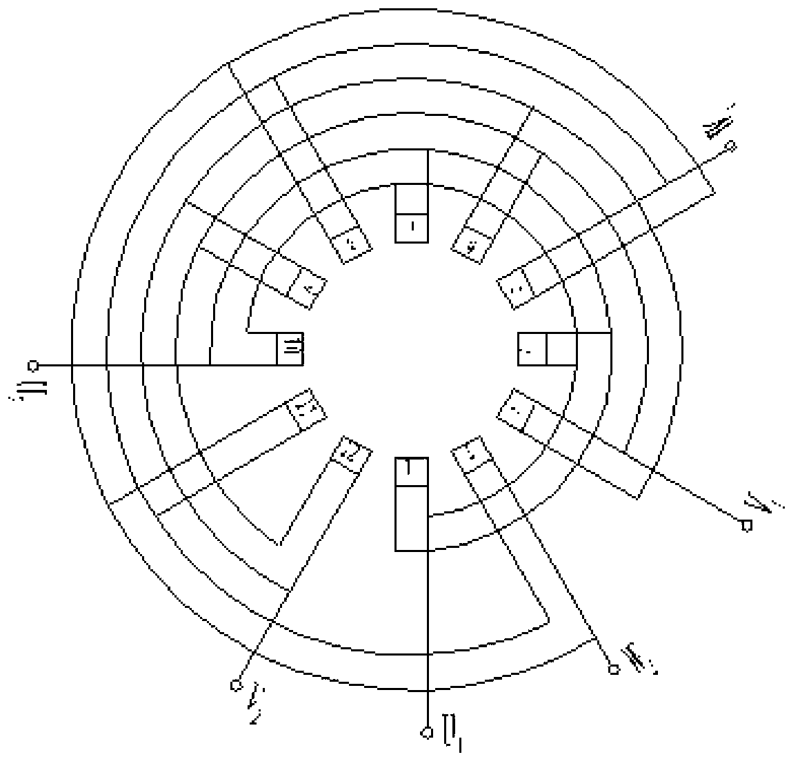 Four-way triangle three lead wiring method of double layer winding of stator and rotor of three-phase asynchronous motor