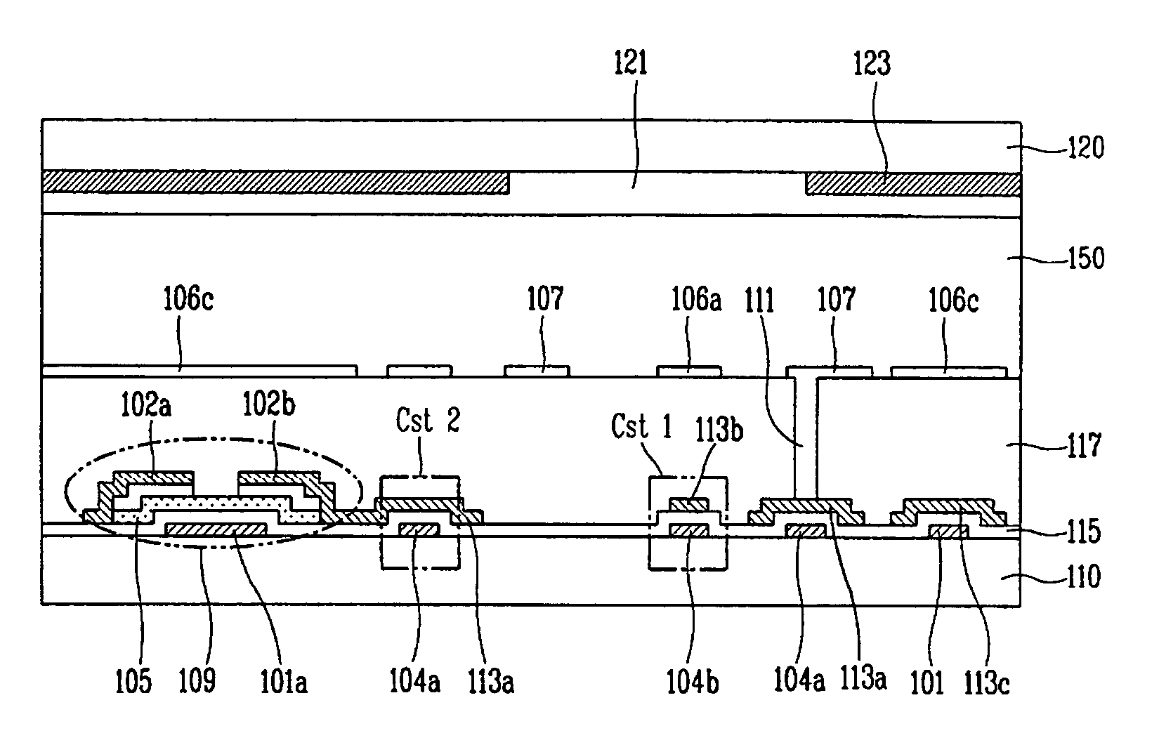 Liquid crystal display device with high aperture ratio having a metal layer and a storage electrode entirely overlapped with a common electrode