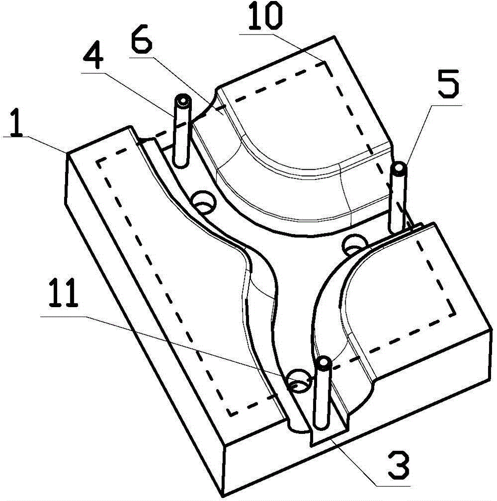 Forming method and composite stamping die for a three-way half-pipe part