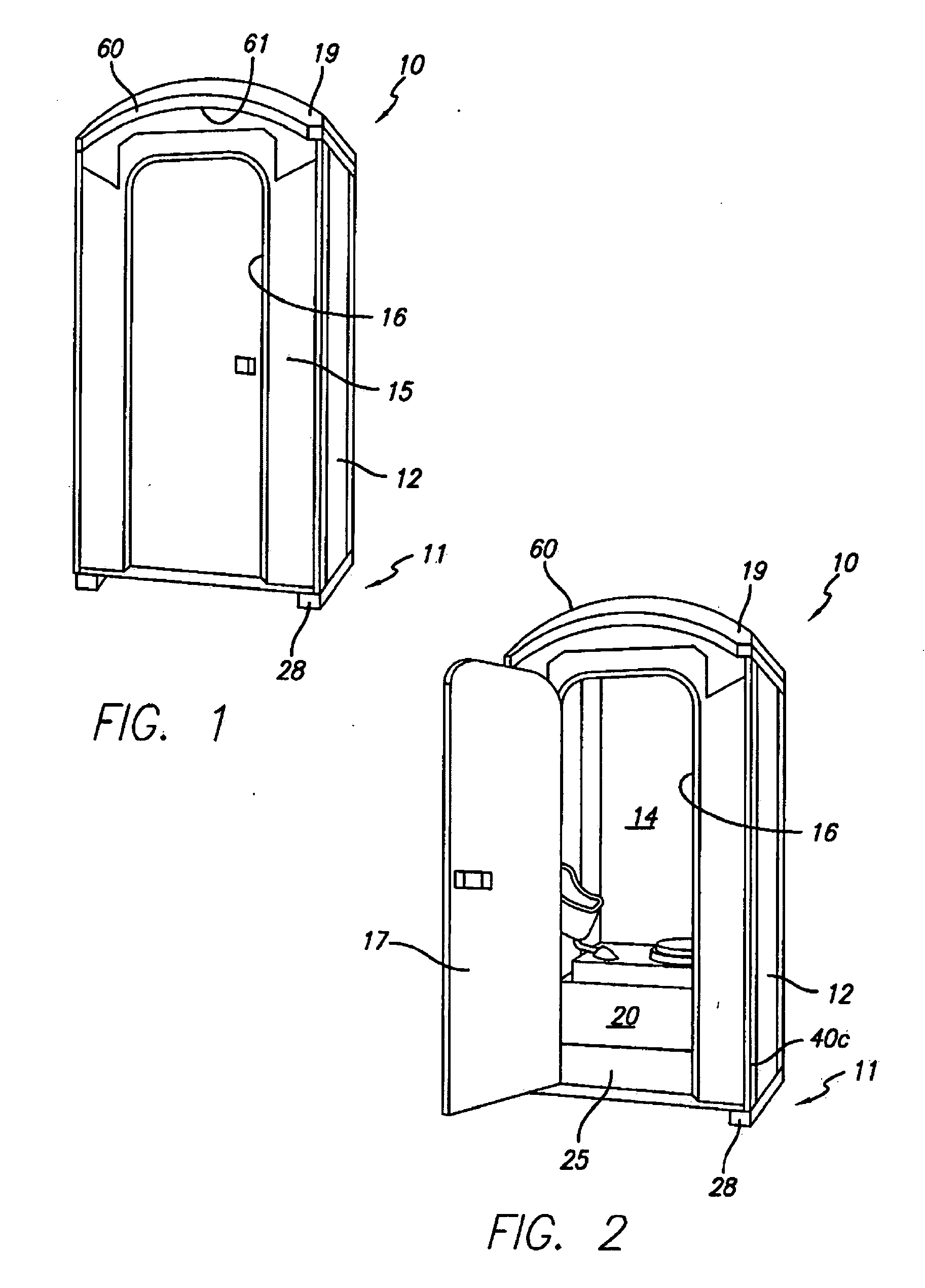 Improved portable restroom structure, component parts and method of