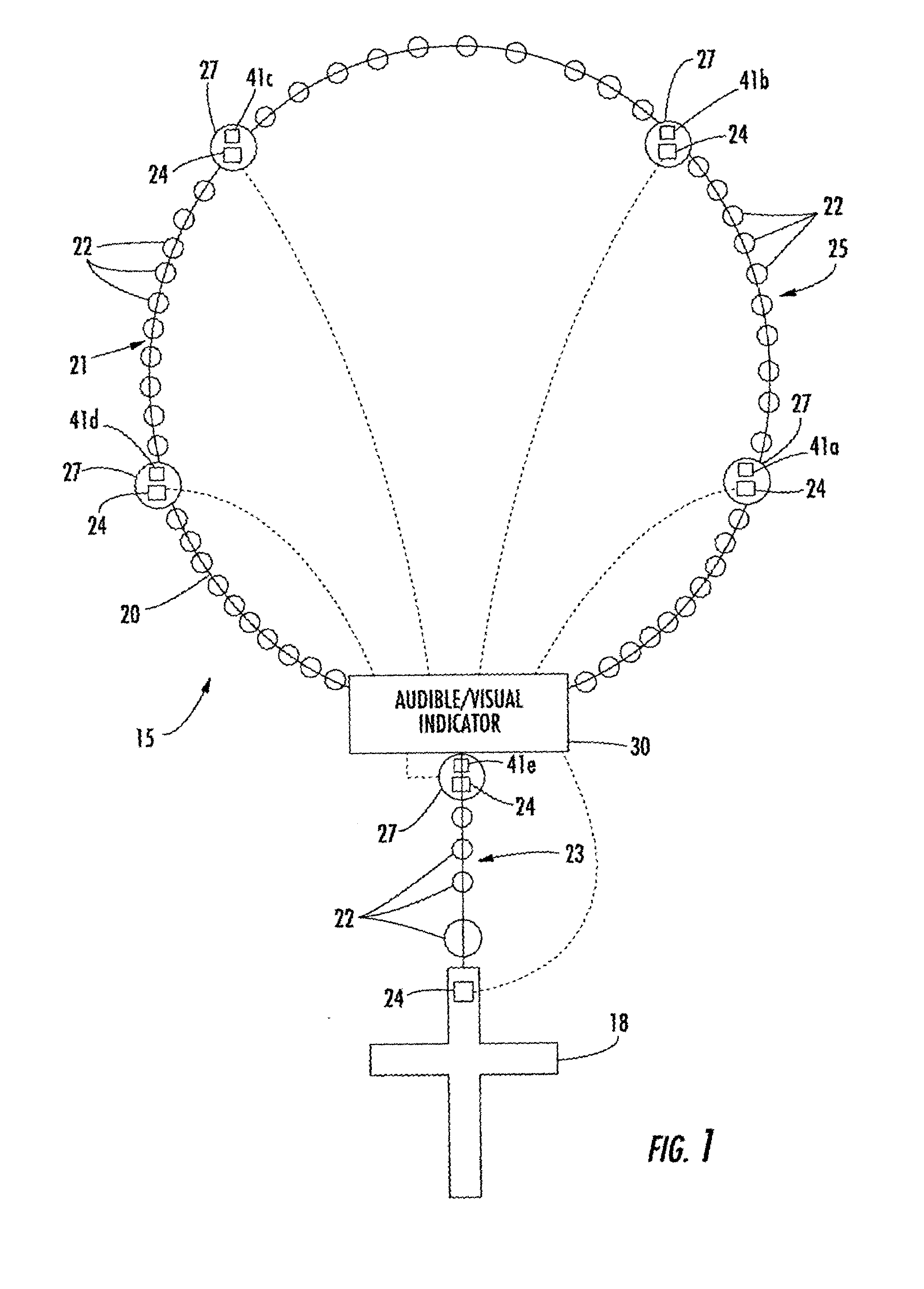 Rosary having audible and/or visual indicators and related methods