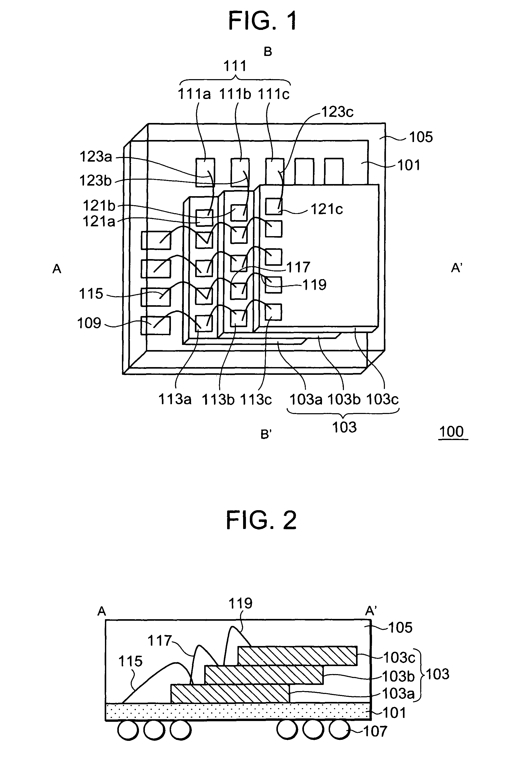 Semiconductor device including mounting board with stitches and first and second semiconductor chips