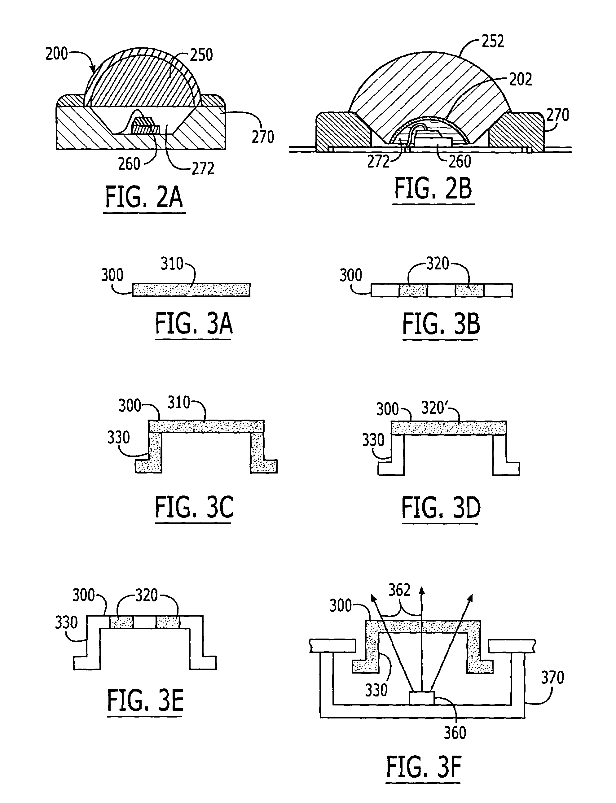 Transmissive optical elements including transparent plastic shell having a phosphor dispersed therein, and methods of fabricating same