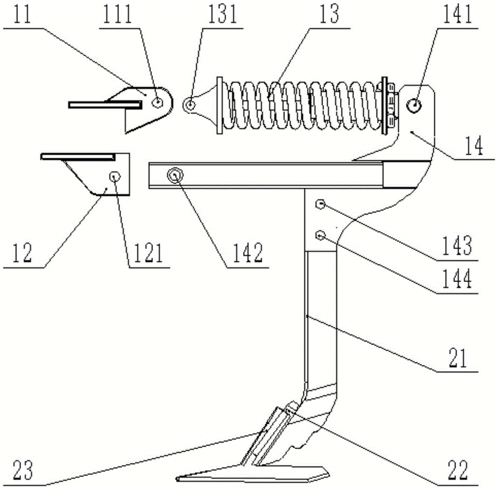 Anti-drag subsoiling and intertilling device allowing quick replacement of subsoiling and intertilling shovel points