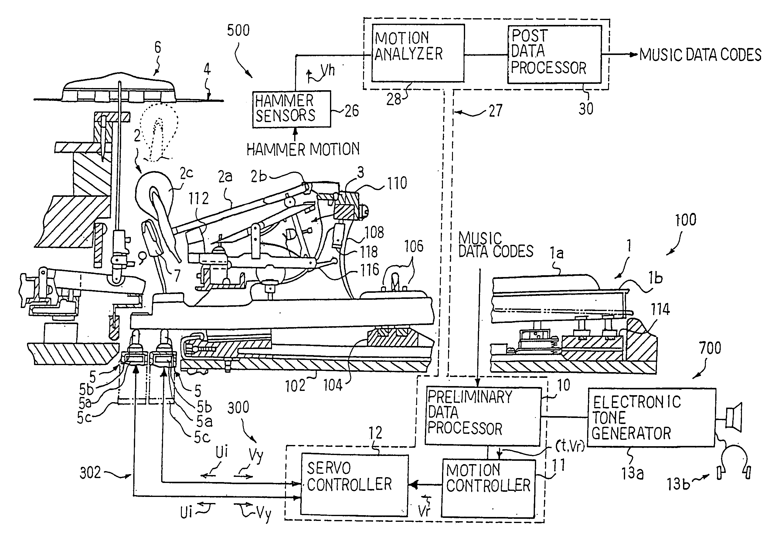 Musical instrument, music data producer incorporated therein and method for exactly discriminating hammer motion