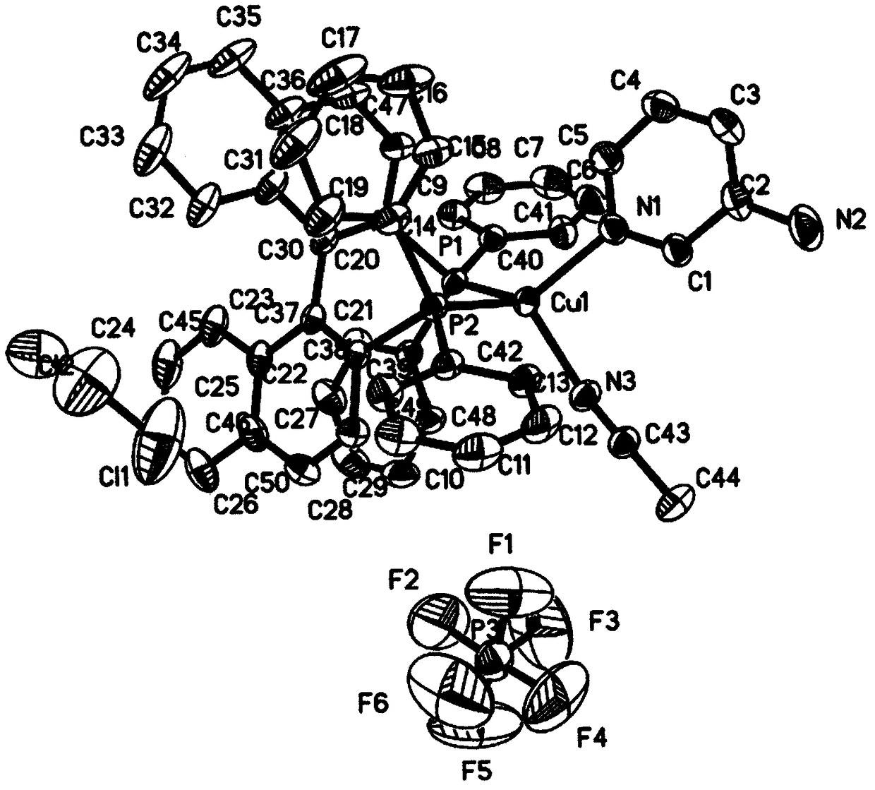 BINAP and aminopyridine mixed cuprous complex phosphorescence material