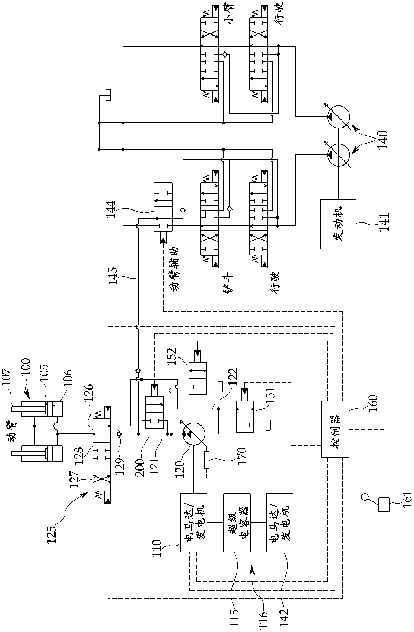 Hybrid excavator boom actuating system and method for controlling same