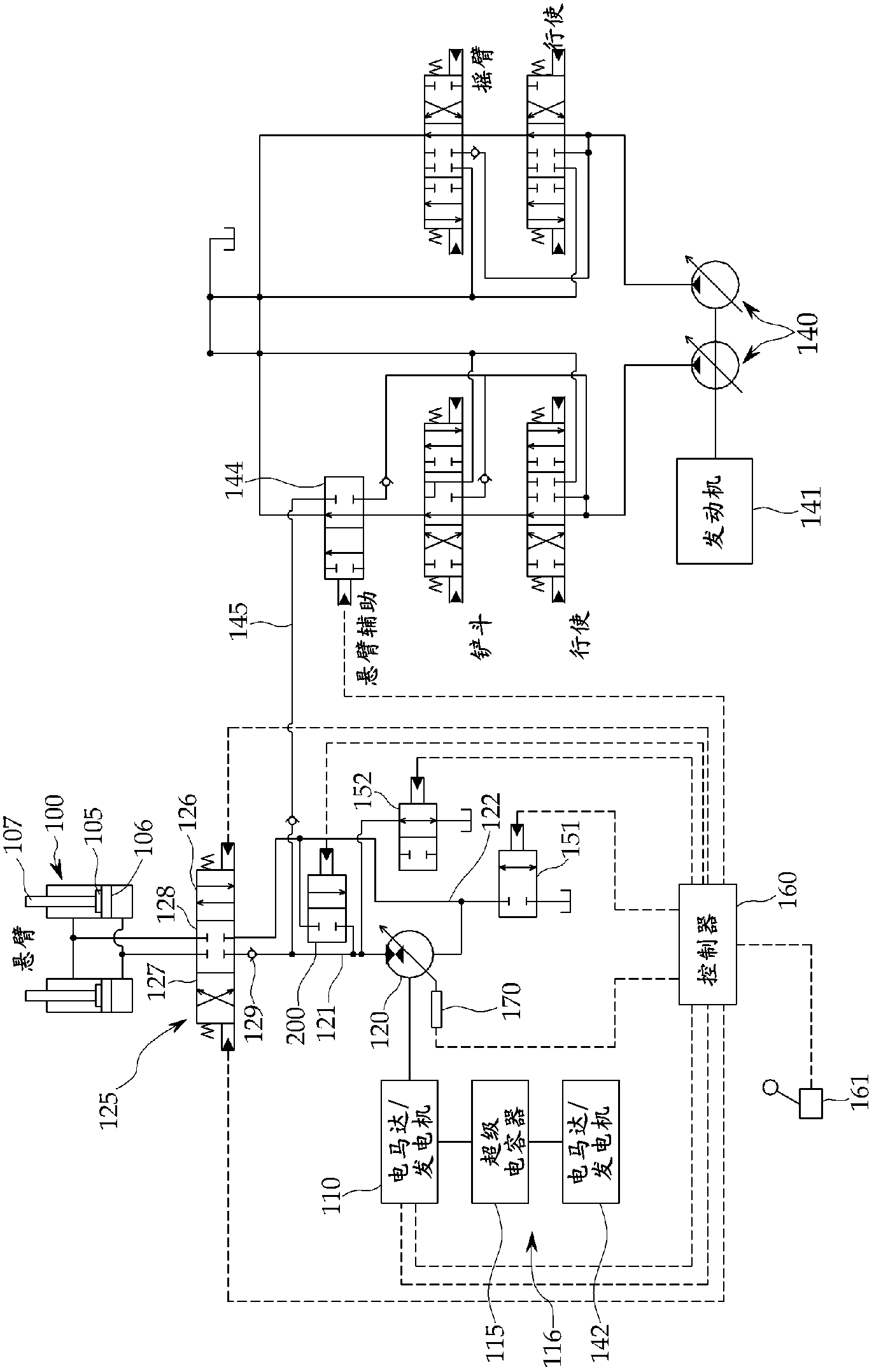 Hybrid excavator boom actuating system and method for controlling same