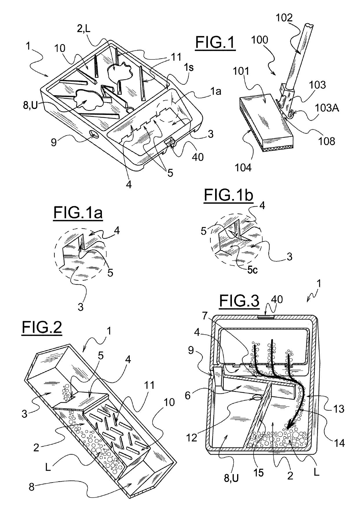 Household cleaning container and assembly comprising such a container and a mop