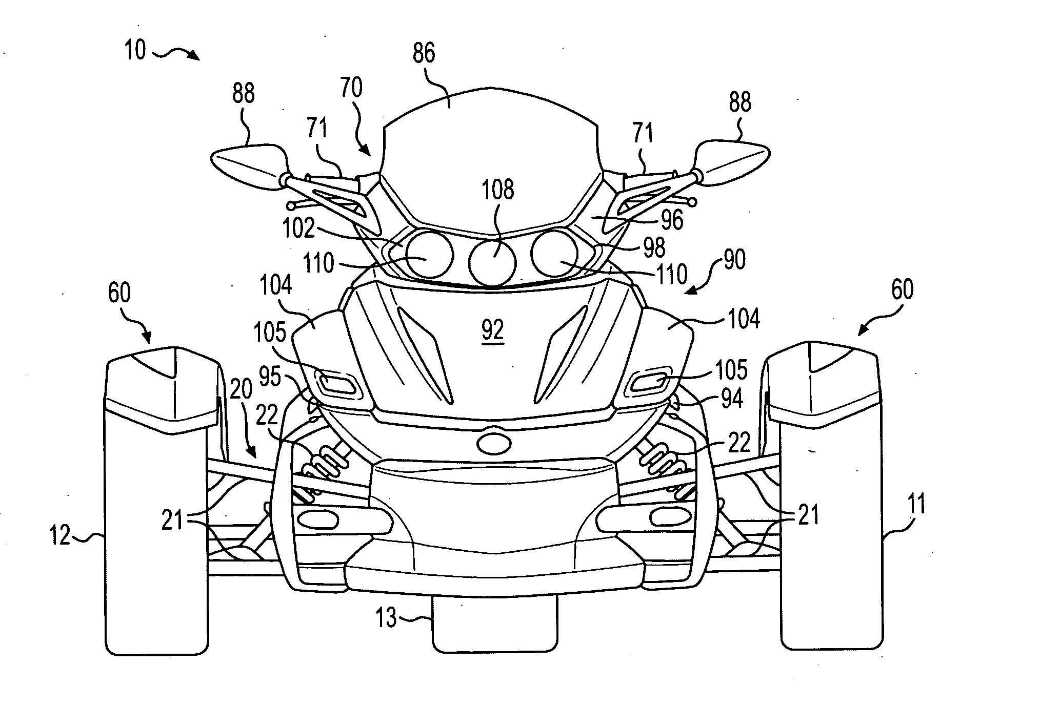 Modular front headlight for a three-wheeled vehicle