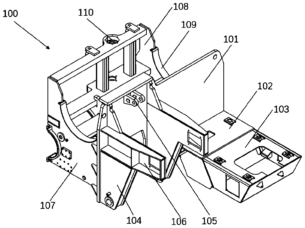 Front frame for resonance crusher with skewed-arranged large beam and resonance crusher