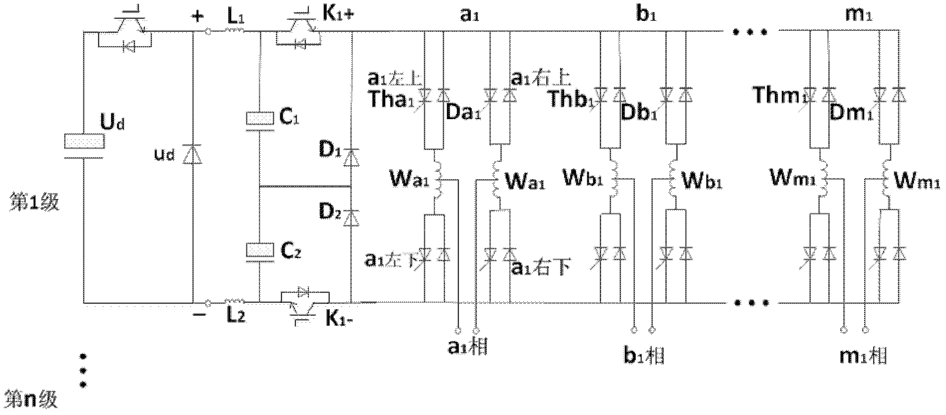 Multiphase square wave inverter realizing commutation by utilizing insulated gate bipolar transistors (IGBT) and consisting of thyristors